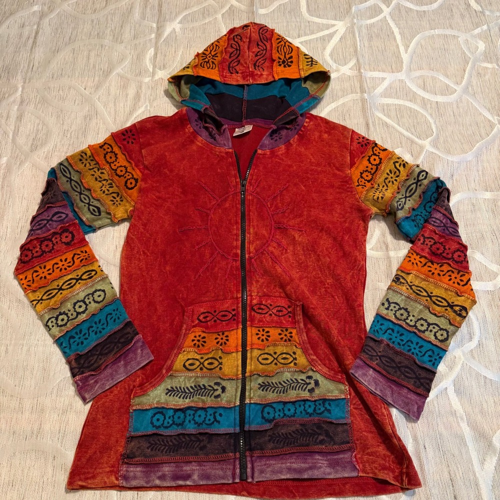 Greater Good Nepal Boho Patchwork Sun Embroidered Zip Up Hoodie Red Multi S/M